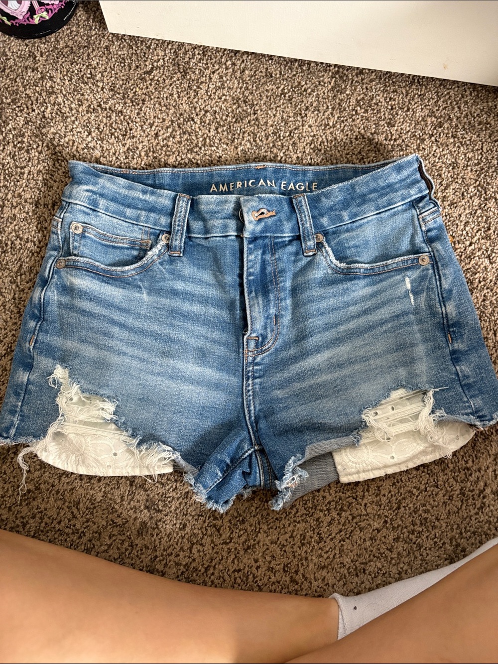 American Eagle Outfitters Light Blue Distressed Denim Lace-Trim Shorts